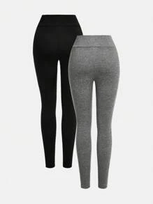 SHEIN Leap Crew 2pcs/Set Tween Girls' Criss-Cross Waistband Thermal Thermal Lined Leggings - Multicolor - View 3