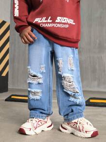 SHEIN Explorewe Young Boy Simple Distressed Washed Straight Leg Jeans - Medium Wash - View 5