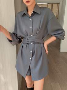 EastFlair 2pcs Korean Fashion Gray Long Sleeve Shirt Dress & Shorts Waist Cinched Elegant Set