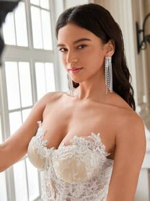 SHEIN Belle 1 对女士优雅、可爱水钻、流苏、水钻/水钻耳环，适合婚礼、蜜月、派对 - 銀色 - 查看 2