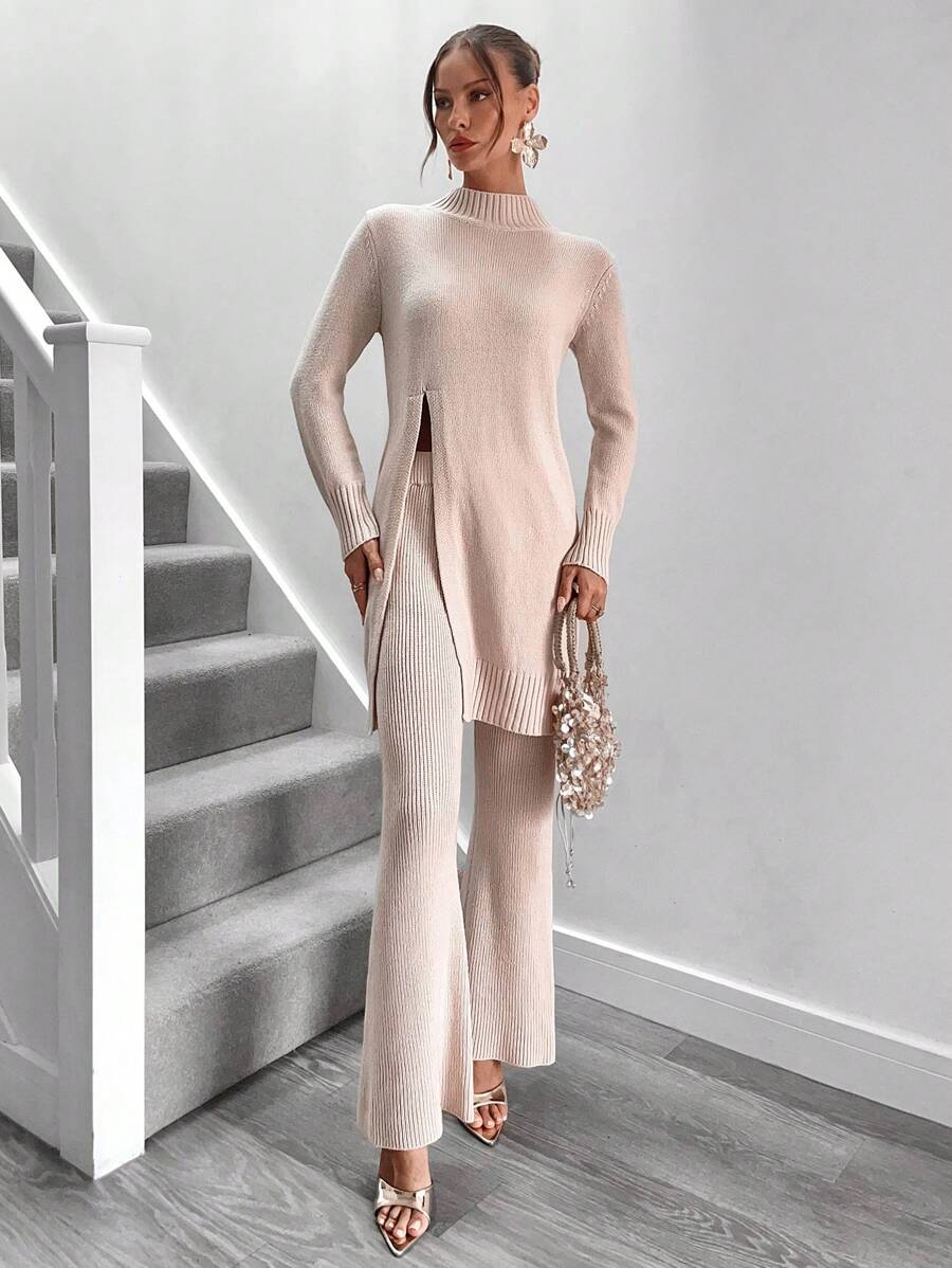 Chiquease Women Stand Collar Slit Hem Fitted Sweater And Flared Pants 2-Piece Set Fall Cloth For Women - Beige - View 1