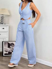 SHEIN EZwear Ladies' Linen Simple Stripe Print Tube Top And Long Pants Two Pieces Set In Fall/Winter - Blue and White - View 6