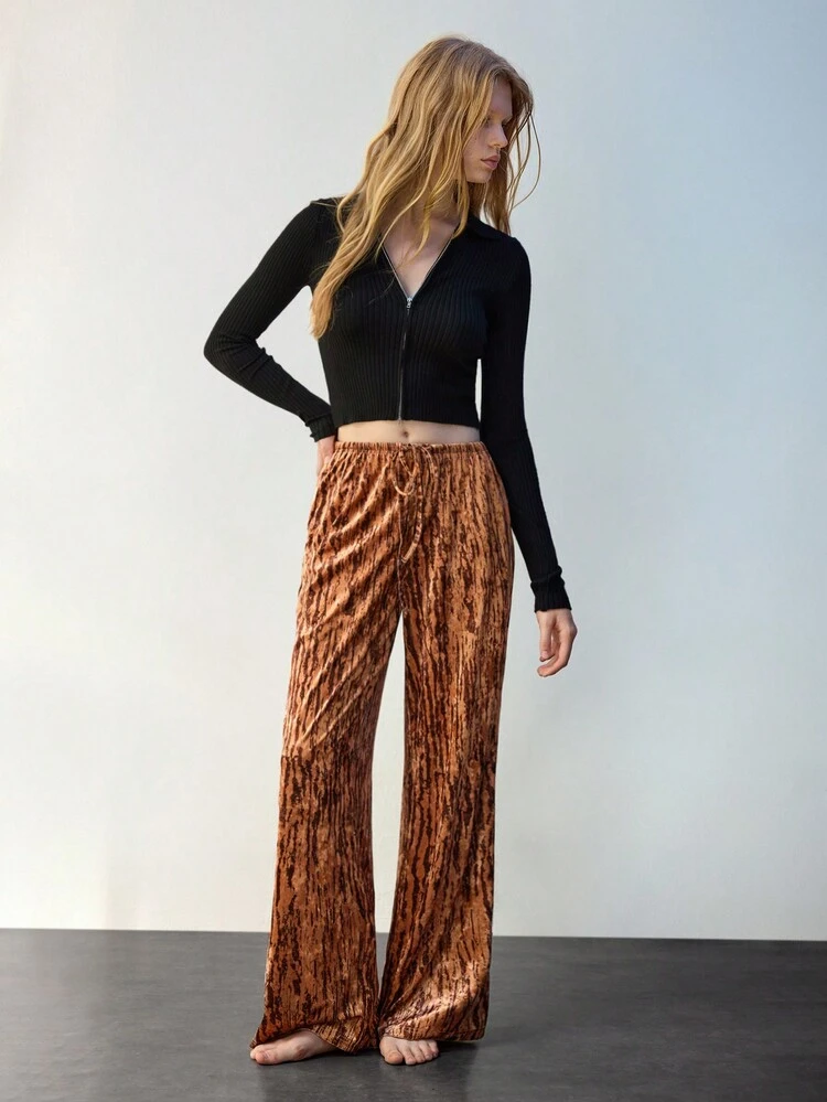 SHEIN Maija Women's Velvet Straight Leg Pants With Drawstring Waist, Loose Wide Leg Design, Autumn & Winter