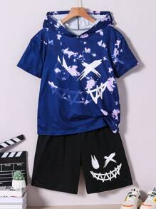 SHEIN 2 件装 Tween Boy 夏季休闲扎染笑脸印花拼布连帽衫和短裤套装 - 彩色 - 查看 1