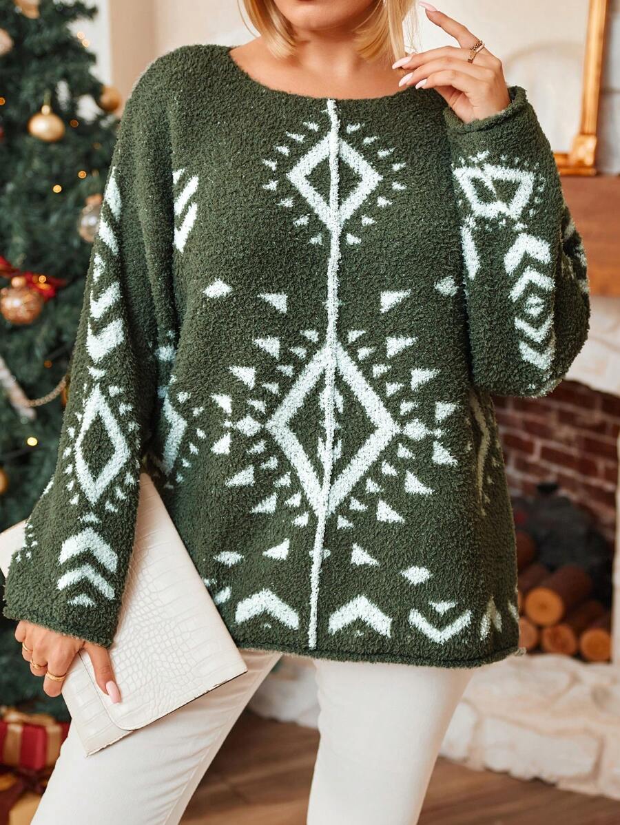 加大码撞色几何圣诞毛衣，冬季针织套头衫 - 綠色 - 查看 1