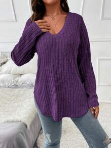 Plus Size Plain V-Neck Ribbed Long Sleeve T-Shirt Fall Cloth For Women - Purple - View 6