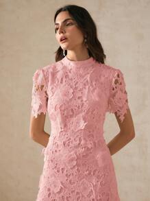 Anewsta Fitted Lace Trim Short Sleeve Dress For Women Maxi Women Outfit - Pink - View 4
