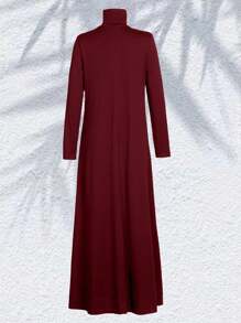 High Neck Long Sleeve Casual Loose Solid Color Dress - Burgundy - View 2