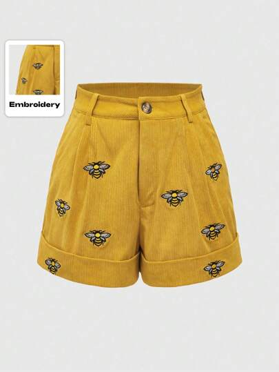 Fairycore Short Décontracté Abeille Brodé De Grande Taille