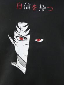 Mainfolk Set Hoodie Ukuran Besar Bertema Anime dan Celana Jogger dengan Manset Merah untuk Pria, untuk Musim Gugur dan Musim Dingin - Hitam - View 2