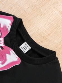 女婴 Y2K 街头休闲风格蝴蝶结和口号图案印花运动衫和丝带细节后背平口袋喇叭牛仔裤两件套 - 黑色 - 查看 4