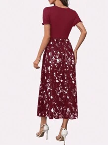 SHEIN Clasi 女式纯色拼布圆领短袖褶皱休闲连衣裙新年服装长款女装 - 紅色 - 查看 2