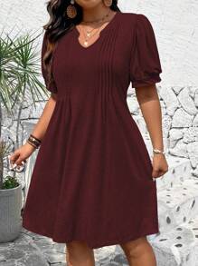 SHEIN LUNE Plus Size V-Neck Solid Color Casual Short Sleeve Dress For New Year Clothes - Red - View 5