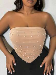 SHEIN SXY Plus Size Women's Faux Pearls Beaded Bandana Hem Crop Tube Top, Suitable For Date Night, Birthday, Bachelorette Party, Casual, Shopping, Streetwear, Going Out, Easy To Match&Looks Slim, Flatter The Figure