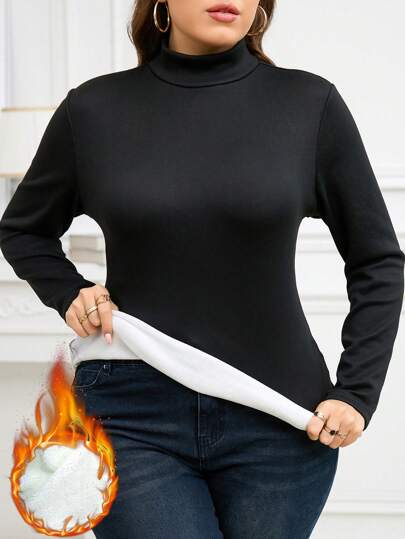 SHEIN Clasi 1 pieza Camiseta térmica de manga larga negra con forro térmico para mujer, talla grande, otoño/invierno