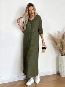 SHEIN LUNE Women's Solid Color Drop Shoulder Long Sleeve Button Hoodie Long Casual Dress, Spring/Fall - Army Green - View 4
