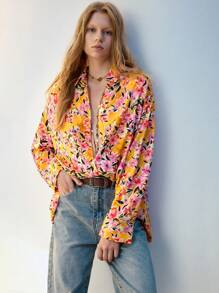 Maija Women Versatile Casual Vacation Yellow Floral Print Long Sleeve Button Up Shirt, All Seasons - Multicolor - View 1