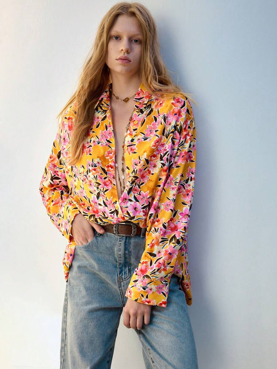 Maija Women Versatile Casual Vacation Yellow Floral Print Long Sleeve Button Up Shirt, All Seasons - Multicolor - View 1