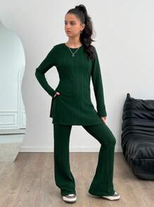 SHEIN Leap Crew 少女绿色圆领开衩长袖 T 恤和运动裤两件套休闲套装