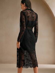 Anewsta Women's Spring/Autumn Long Sleeve Elegant French Lace Waist Slim Dress