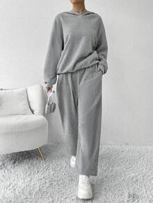 Muchica 2 piezas Conjunto de chándal holgado y casual de felpa para mujer, gris - Gris - Ver 6