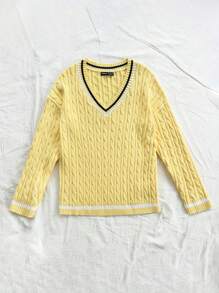 Soleia Women's Holiday Powder Pink V-Neck Contrast Trim Knitted Sweater, Fashionable Autumn/Winter