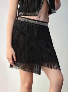 Maija Minifalda de mujer en color negro con adorno de perlas falsas y flecos en el bajo, de estilo de moda para otoño - Negro - Ver 8