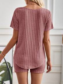 SHEIN LUNE 2 件女式纯色罗纹缺口领 T 恤和自行车短裤套装，夏季 - 粉色 - 查看 2