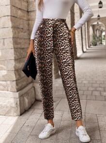 EMERY ROSE Women's Leopard Print Casual Pants With Pocket Detail - Khaki - View 3