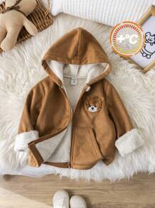 SHEIN 男婴可爱熊设计保暖内衬连帽夹克，卡其色，适合秋冬季，适合圣诞节 - 彩色 - 查看 1