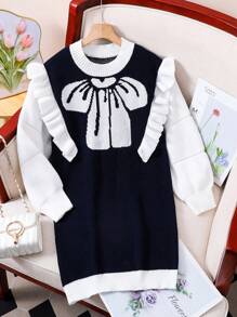 SHEIN Vestido de suéter de punto con cuello redondo y lazo, para otoño e invierno, para niña