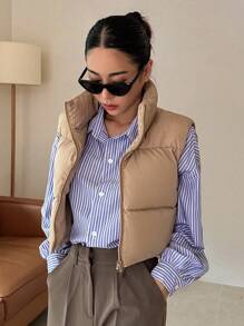 DAZY Áo khoác vest dày có khóa kéo, viền rút, đệm, áo khoác mùa đông cho nữ - Màu Khaki - Xem 3