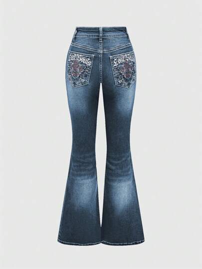 Grunge Punk Women's Leopard Print & Embroidery Letter Patch Pocket Flared Casual Jeans