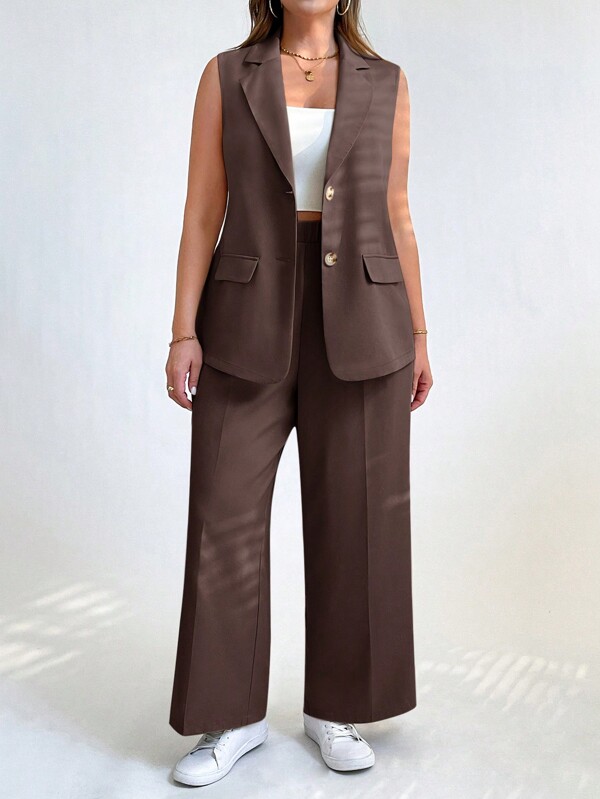 Auralis Ensemble décontracté 2 pièces avec blouse sans manches simple à boutons devant unicolore et pantalon, grande taille