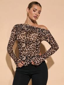 SHEIN BAE Women Leopard Print Off-The-Shoulder Top With Pleated Hem And Asymmetrical Hem - Coffee Brown - View 7
