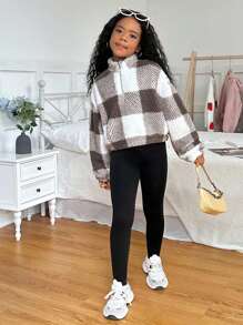 Tween 女童休闲双面格子羊毛保暖漏斗领半拉链连帽运动衫 - 卡其色 - 查看 6