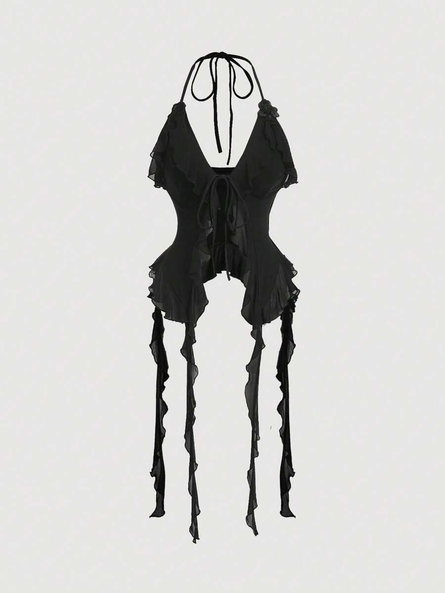 SHEIN MOD Romantic Black Ruffle Edge Ribbon And 3D Flower Tie Neck Top Women Tops Concert Sexy - Black - View 1