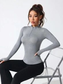 Gameset SHEIN Sport 女士纯色长袖拉链半襟柔软透气拉链运动衫 - 灰色 - 查看 3