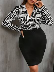 SHEIN Clasi 大码女式春秋几何印花 V 领长袖修身优雅连衣裙黑白长袖紧身连衣裙 - 黑與白 - 查看 6