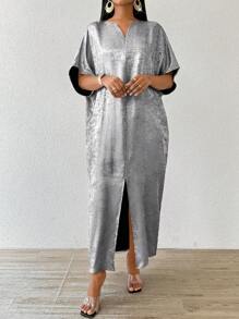 SHEIN Lady 四季/婚礼嘉宾/服装/舞会礼服/金色裙子/晚宴服装/金色女士缎面提花前开衩连衣裙，休闲派对优雅 - 銀色 - 查看 6