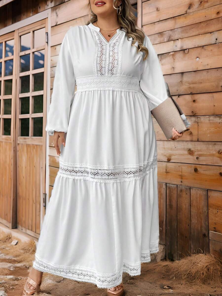 SHEIN CURVE+ 曲线加大码深 V 领纯色荷叶边下摆长袖连衣裙 - 白色 - 查看 1