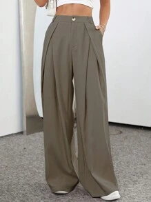 Flirla Women Solid Color Pleated Pocket Wide Leg Pants Suit - Khaki - View 1