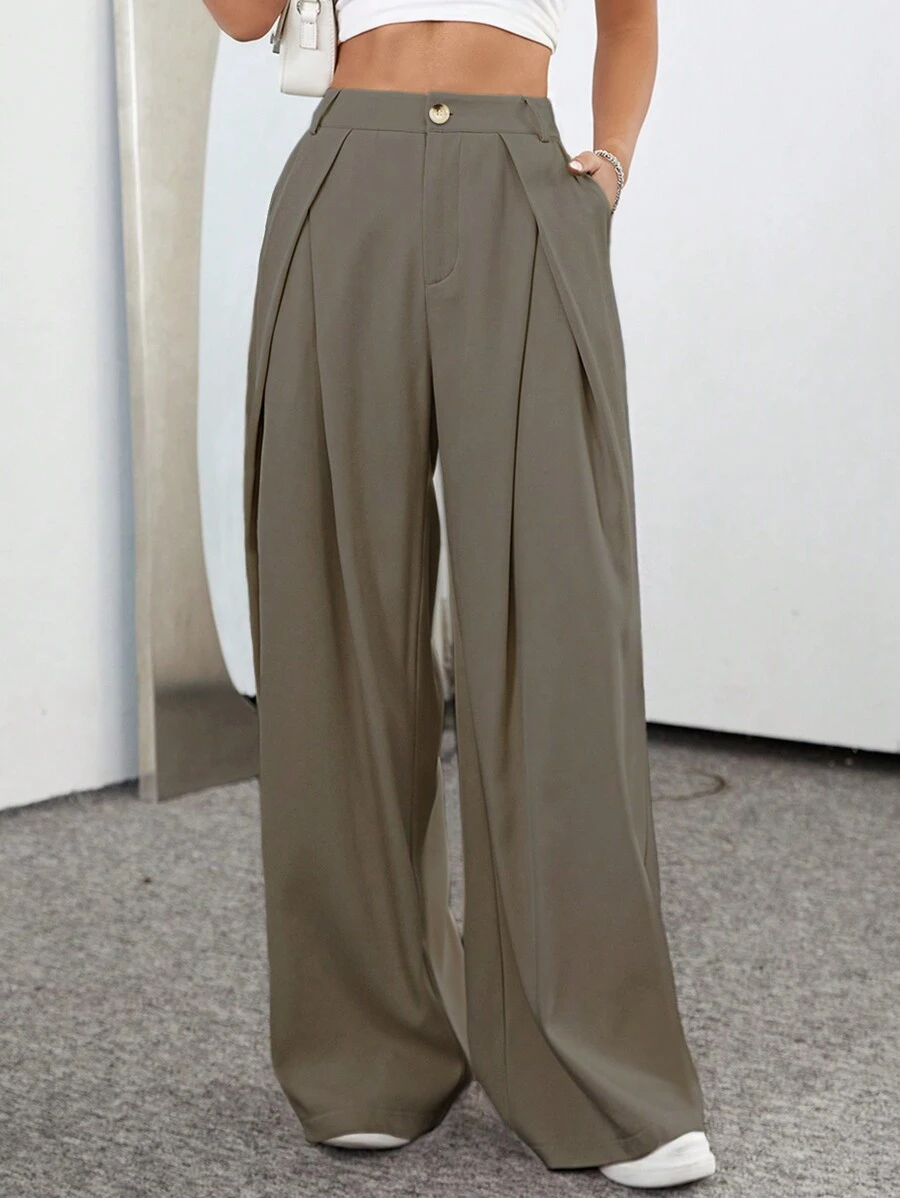 Flirla Women Solid Color Pleated Pocket Wide Leg Pants Suit - Khaki - View 1