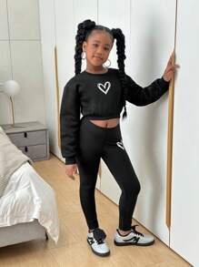 SHEIN Tween Girl 2 件套 Tween Girls 针织圆领运动衫和高弹力紧身裤套装 - 黑色 - 查看 5