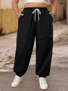 SHEIN LUNE Plus Size Women's Solid Color Black Front Tie Pocket Simple Casual Cargo Pants - Black - View 5