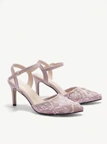 CUCCOO HITCHD Women's Pointed Toe High Heel Shoes, Lace Net Fabric, Elegant & Versatile Pink Backless Pumps - Pink - View 3