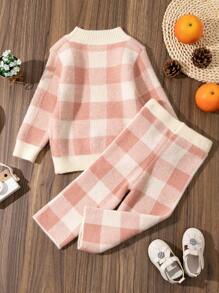 2 buc/Set Pulover din tricot în carouri pentru fetiță + Set pantaloni cu picioare largi, ținută de tricotaj casual la modă pentru toamnă și iarnă - Caisă - Vizualizare 2