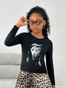 SHEIN Tween Girls' Fitted Casual Long Sleeve T-Shirt With Blurry Skull Pattern And Round Neckline