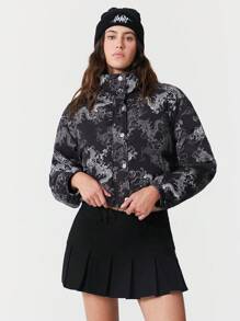 SHEIN EZwear 1 buah Mantel Musim Dingin Wanita Motif Hitam - Hitam - View 5
