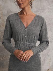 SHEIN Unity Damen einfarbiges, vorne geknöpftes, langärmliges, V-Ausschnitt Lässig Midi Kleid - Dunkelgrau - Übersicht 4